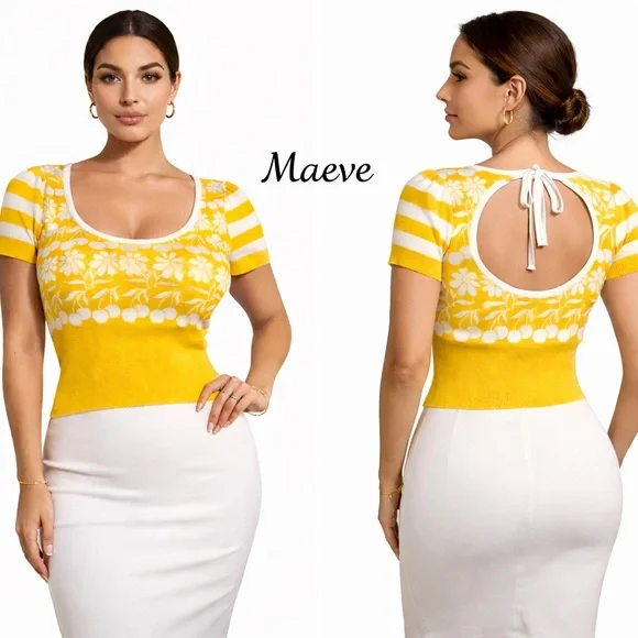 Maeve Anthropologie Yellow Floral Knit Top Open Back Tie Size L summer top 🍒 - Picture 1 of 9